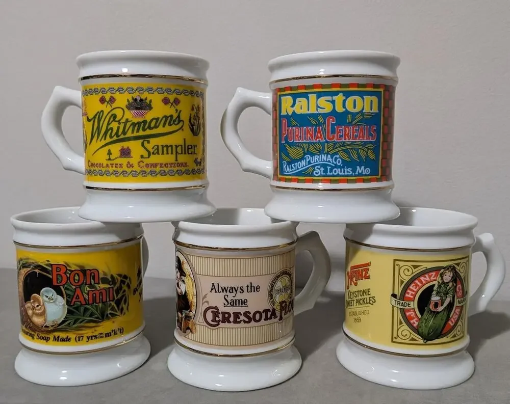 Vtg Lot of 5 Franklin Mint The Corner Store Mugs - Heinz Ralston Ceresota 1980s